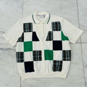 VTG Alfred Dunner Polo Shirt 2fer Plaid Checkered White Navy Women L Preppy Golf